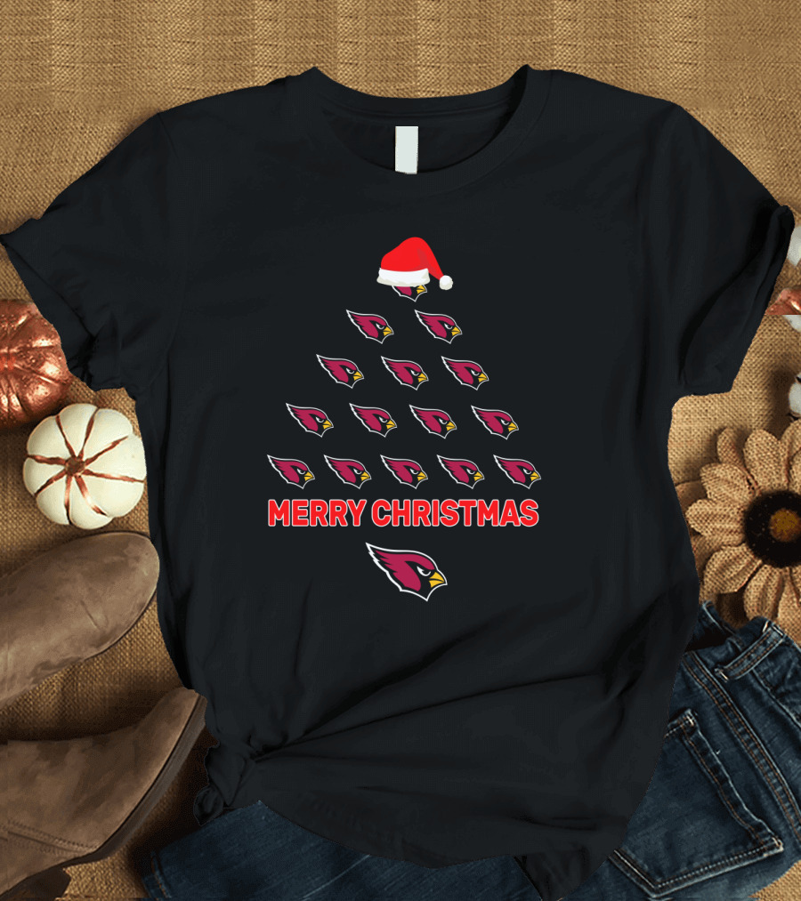 Merry Christmas Arizona Cardinals Tree With Santa Hat T-Shirt