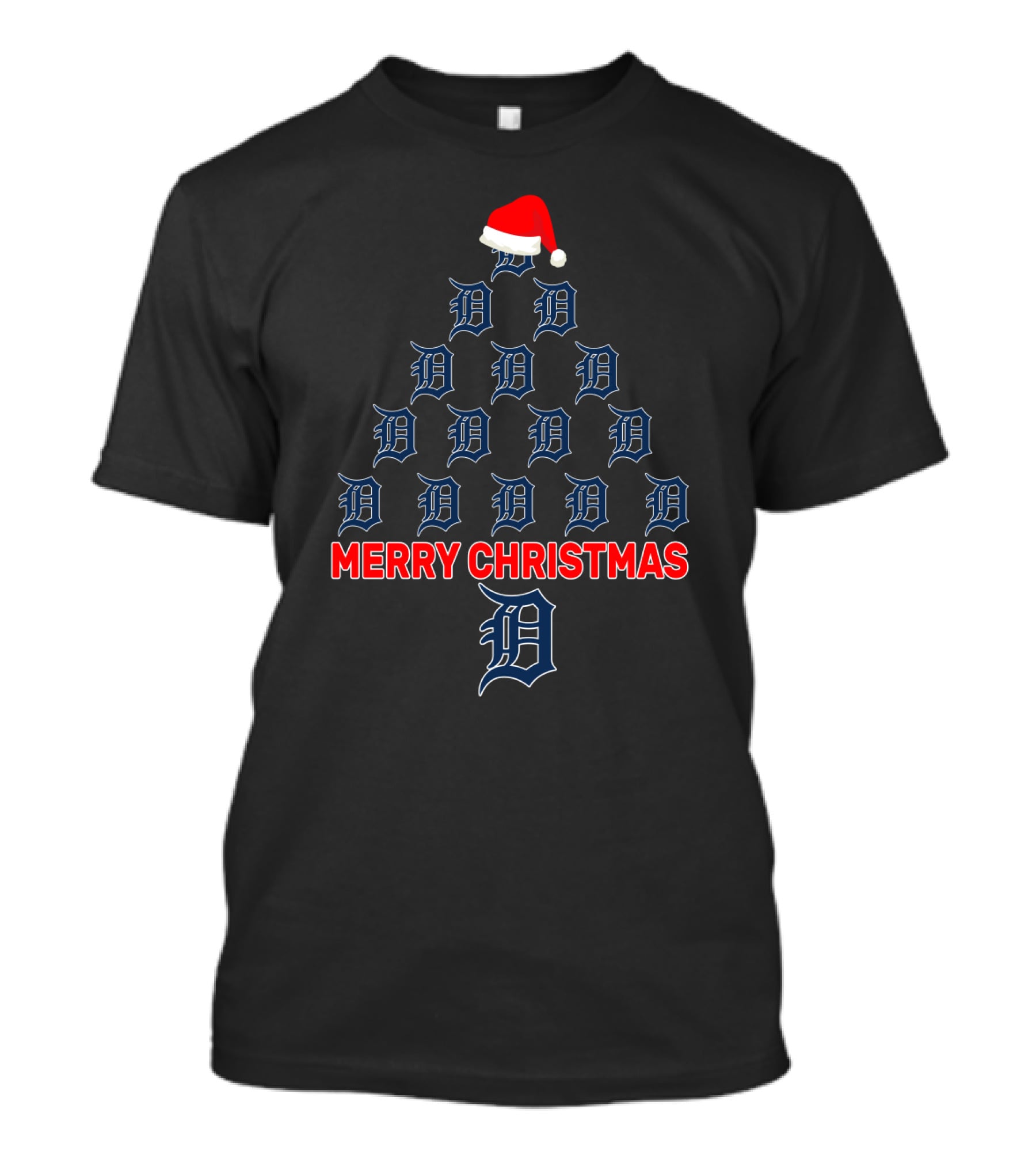 Merry Christmas Detroit Tigers Tree With Santa Hat T-Shirt