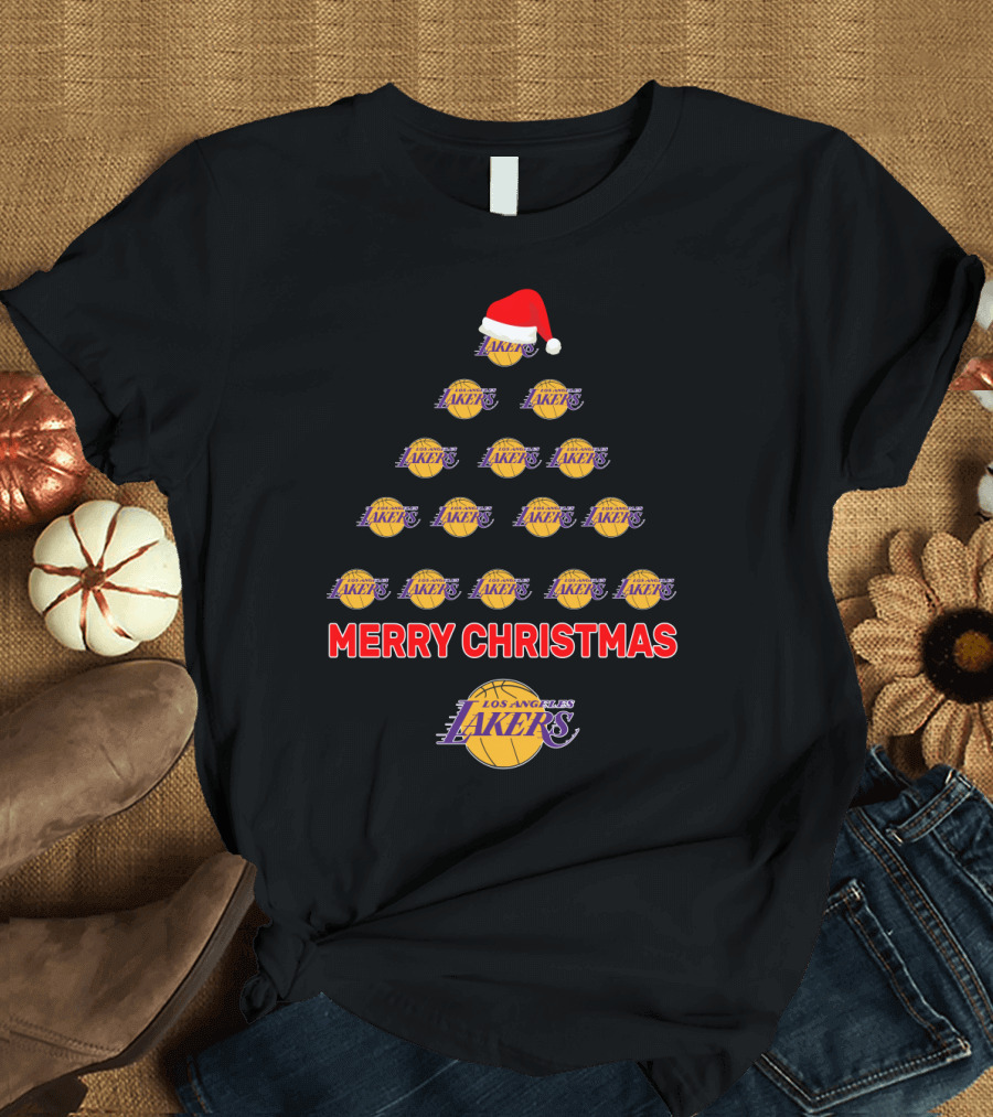 Merry Christmas Los Angeles Lakers Tree Santa Hat T-Shirt