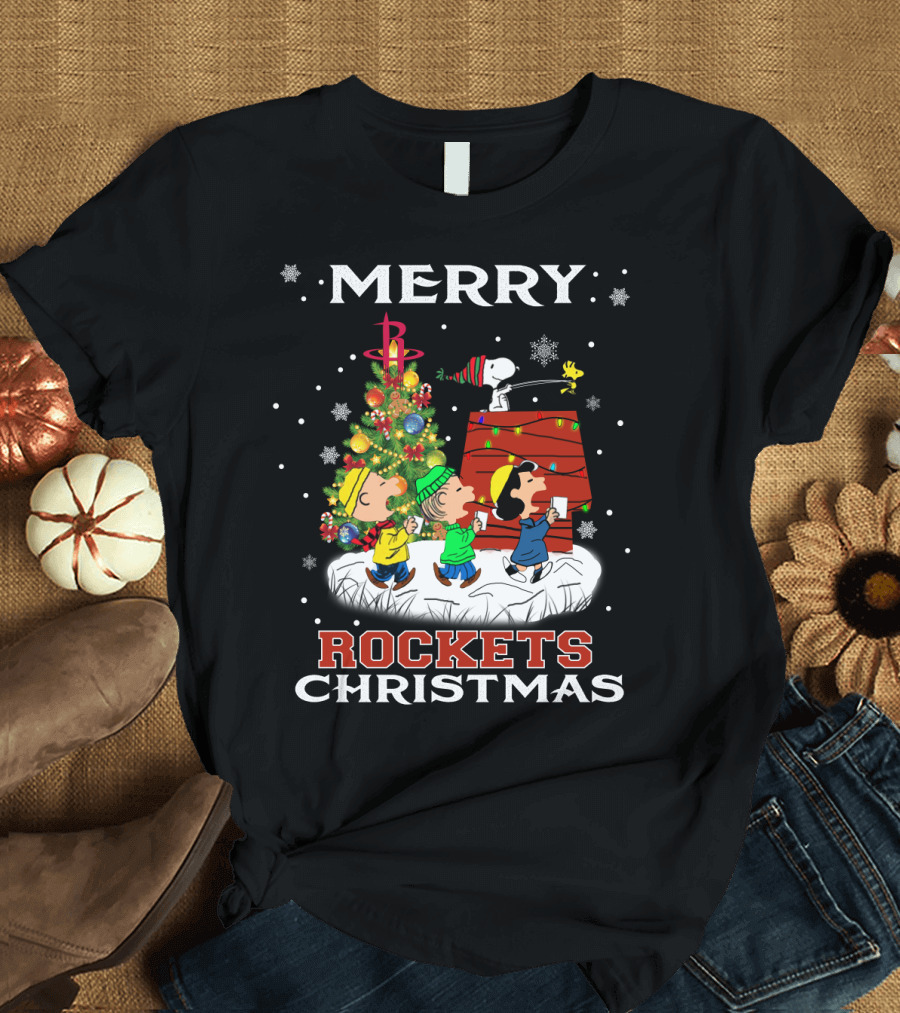 Merry Houston Rockets Christmas Snoopy Friends Peanuts Holiday Tree T-Shirt