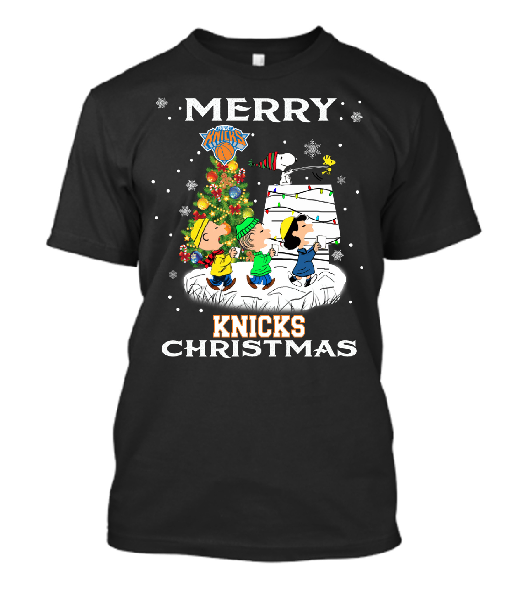 Merry New York Knicks Christmas Peanuts Snoopy Woodstock Tree Festive T-Shirt
