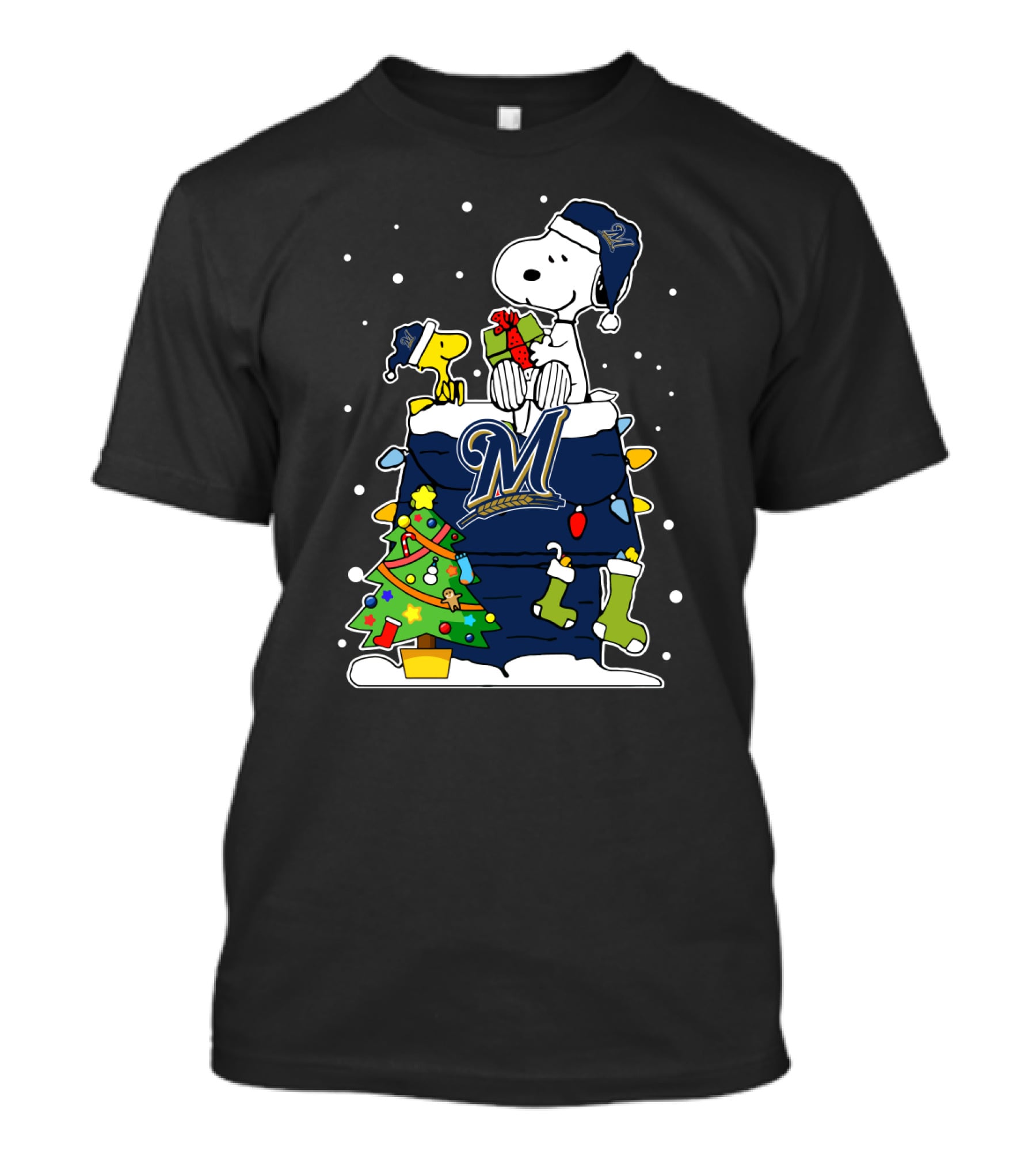 Milwaukee Brewers Snoopy Christmas Tree And Woodstock Gift Scene T-Shirt