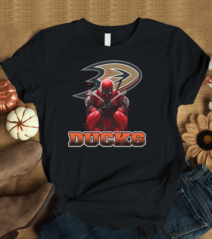 Anaheim Ducks and Deadpool Mashup Featuring Iconic Logo and Comic Character T-Shirt
