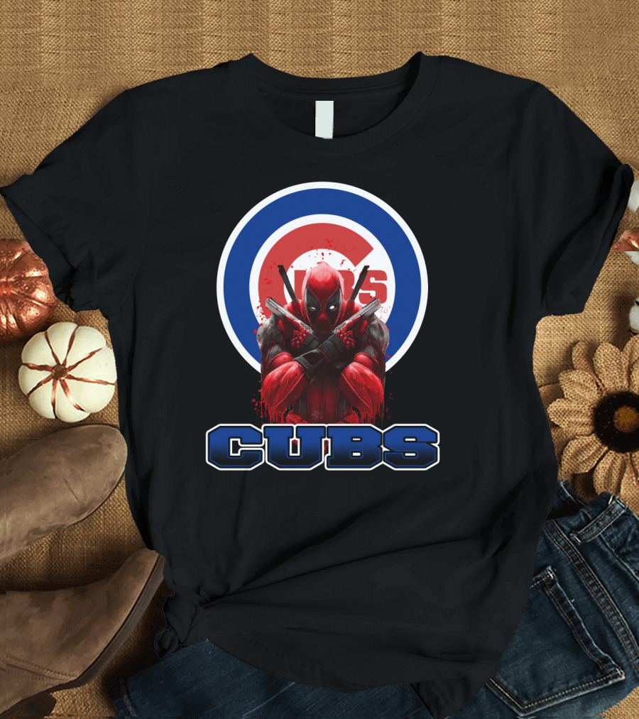 Deadpool with Crossed Swords Over Chicago Cubs Logo CUBS Text T-Shirt