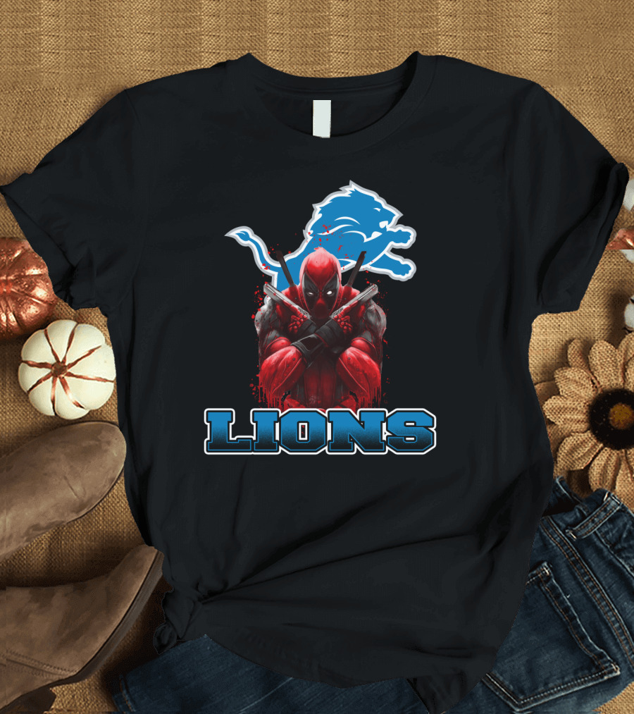 Detroit Lions Deadpool Crossover Fans Blue Lion T-Shirt