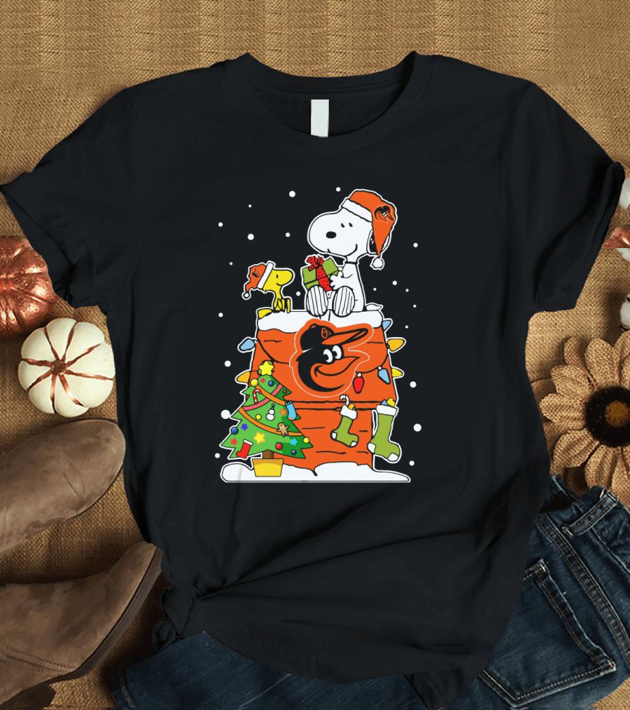 Baltimore Orioles Christmas Snoopy with Woodstock and Santa Hat T-Shirt