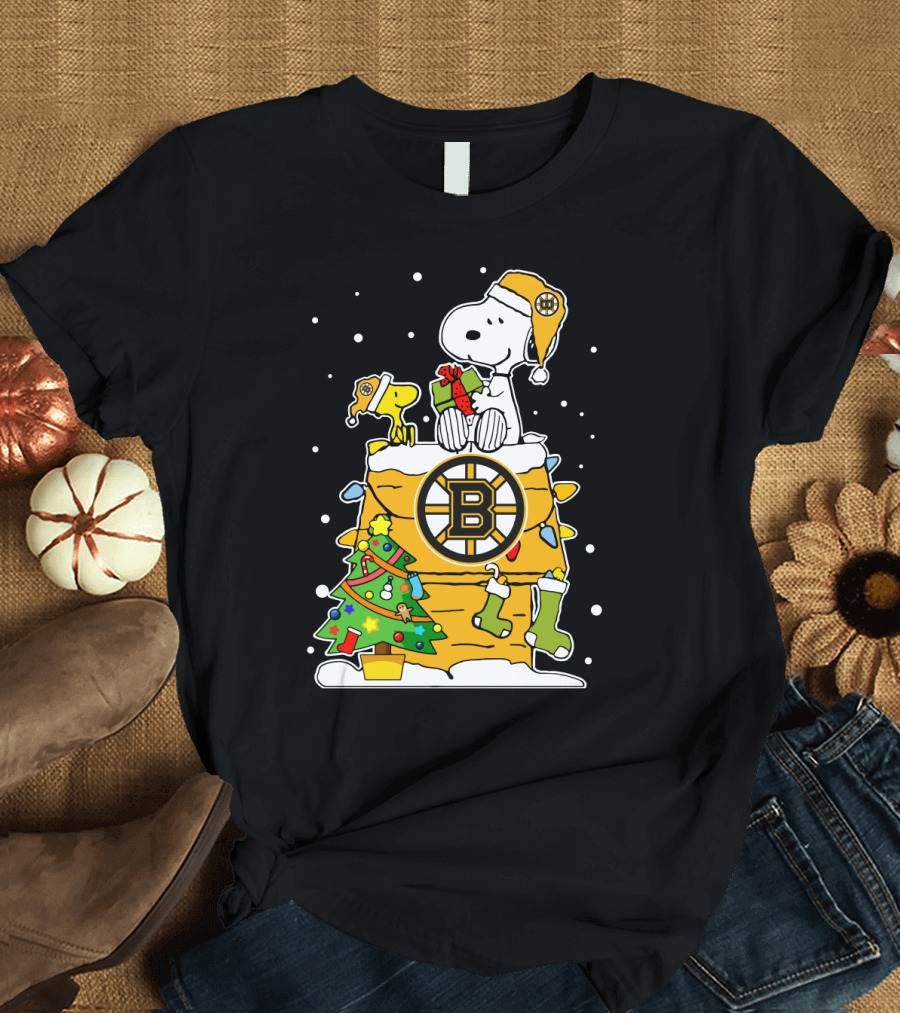 Boston Bruins Christmas Snoopy and Woodstock with Hockey T-Shirt