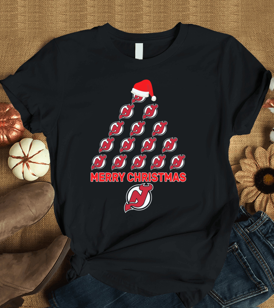 Merry Christmas New Jersey Devils Logo Tree with Santa Hat for Fans T-Shirt