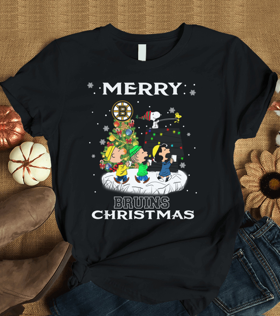 Merry Bruins Christmas Featuring Snoopy and Friends with Boston Bruins T-Shirt