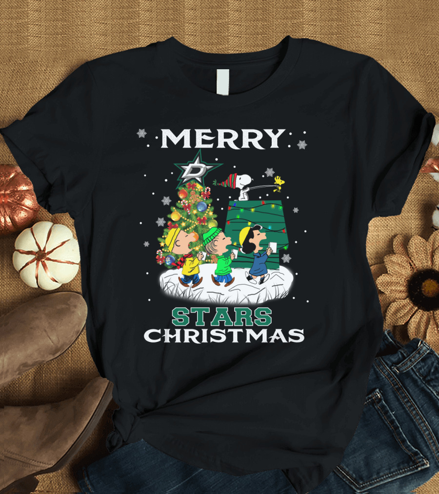 Merry Dallas Stars Christmas with Snoopy Woodstock and Peanuts Characters T-Shirt