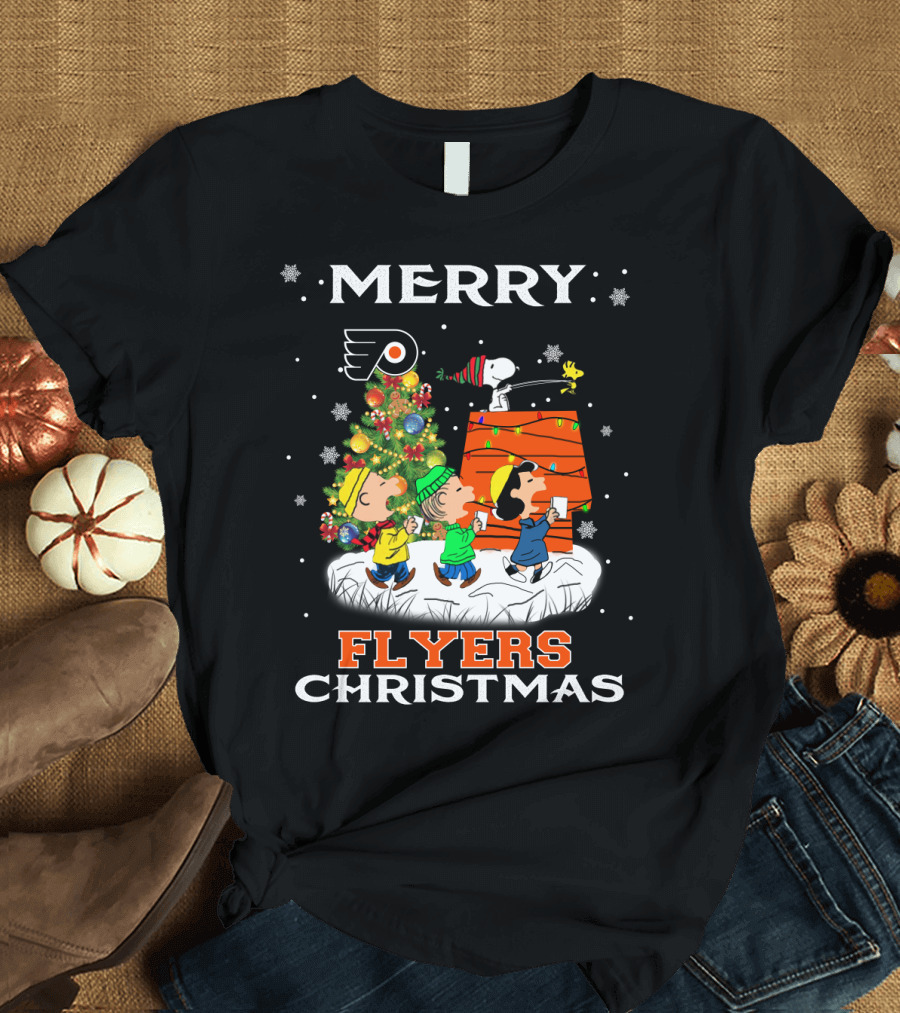 Merry Philadelphia Flyers Christmas Snoopy Peanuts Holiday Celebration Tree Woodstock T-Shirt