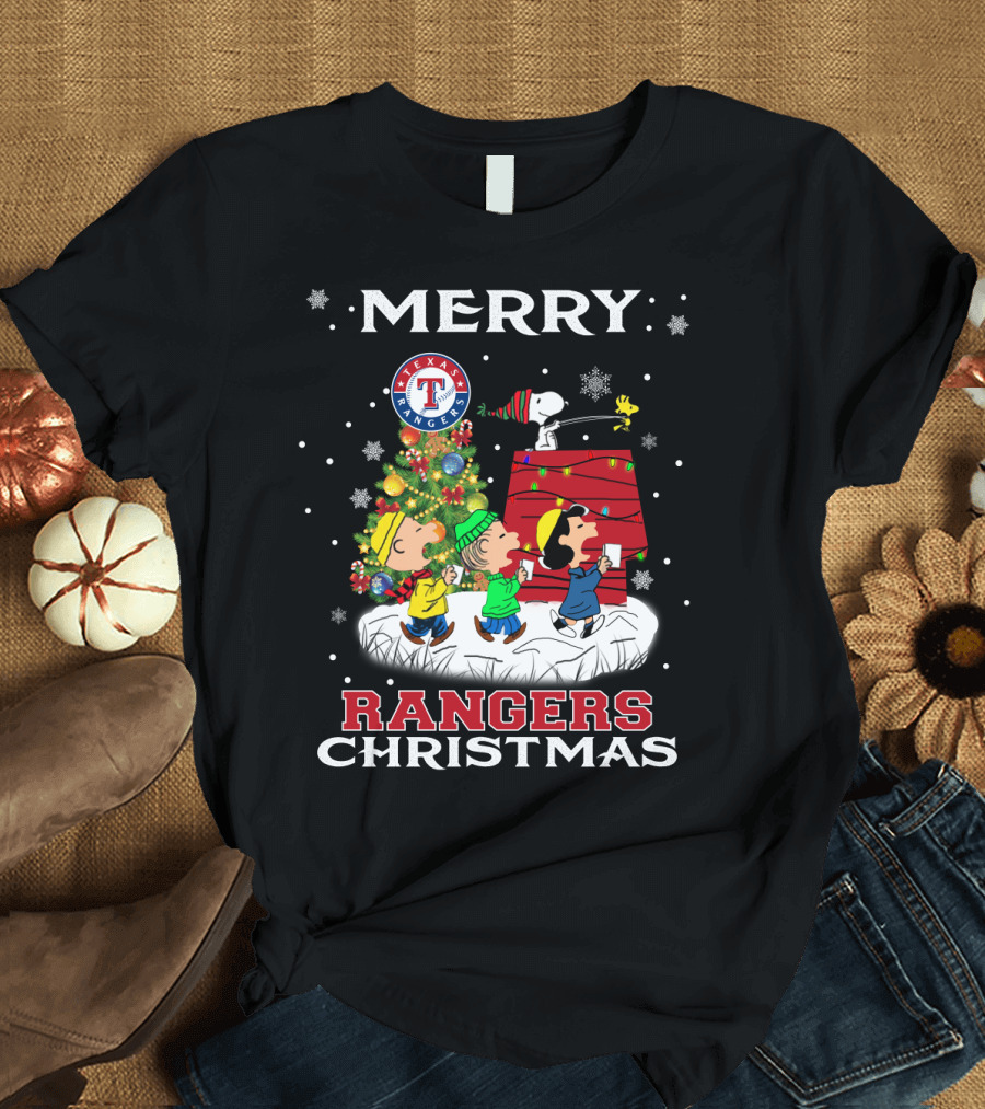 Texas Rangers Snoopy Christmas Celebration with Peanuts Characters T-Shirt