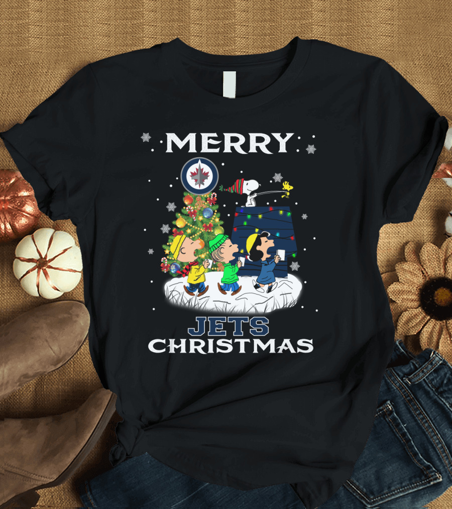 Merry Winnipeg Jets Christmas Featuring Snoopy and Peanuts Holiday Scene T-Shirt