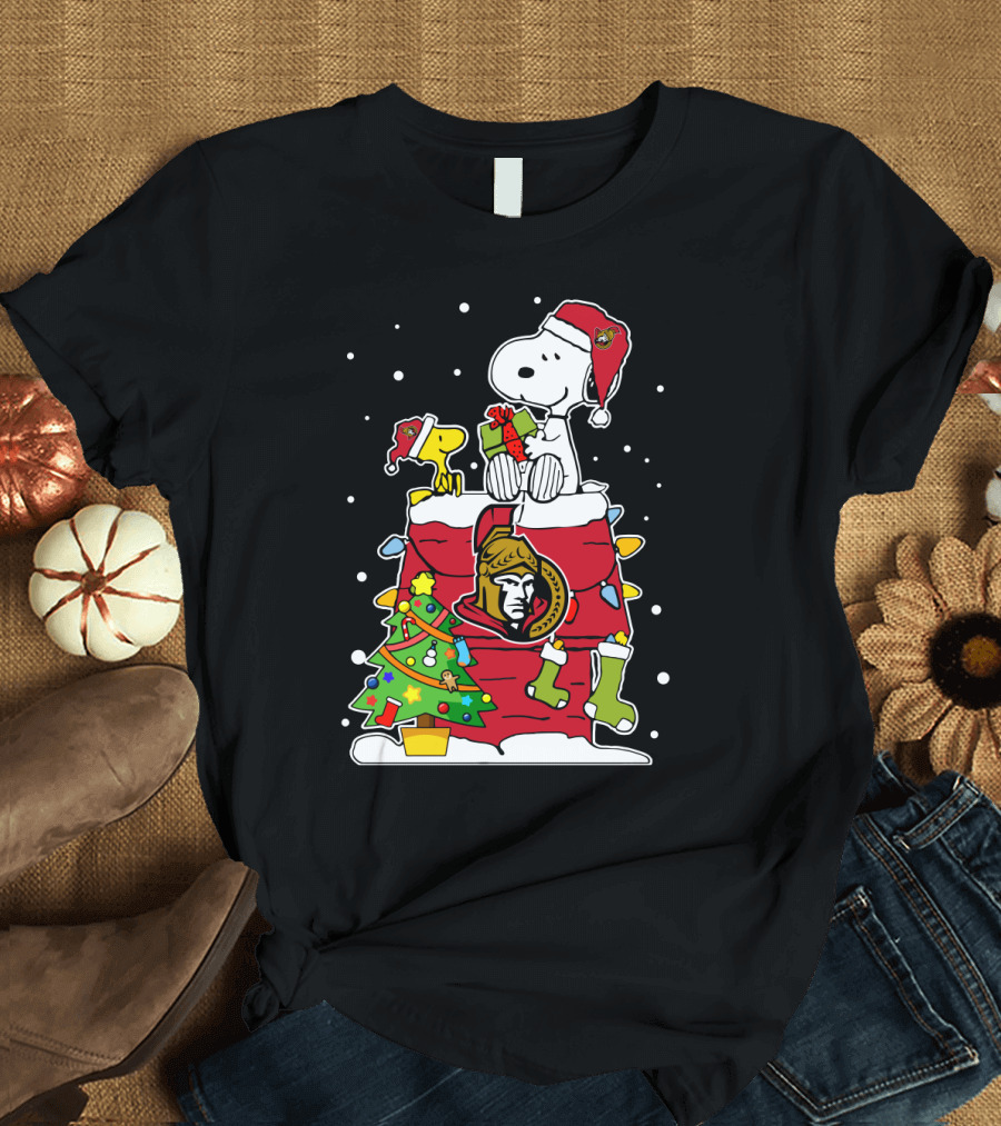 Ottawa Senators Snoopy Christmas Theme with Santa Hats and Presents T-Shirt