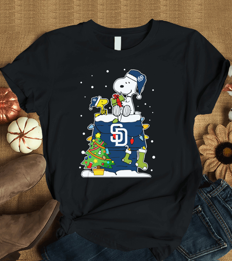 San Diego Padres Snoopy and Woodstock Christmas Scene with Gifts and Tree T-Shirt