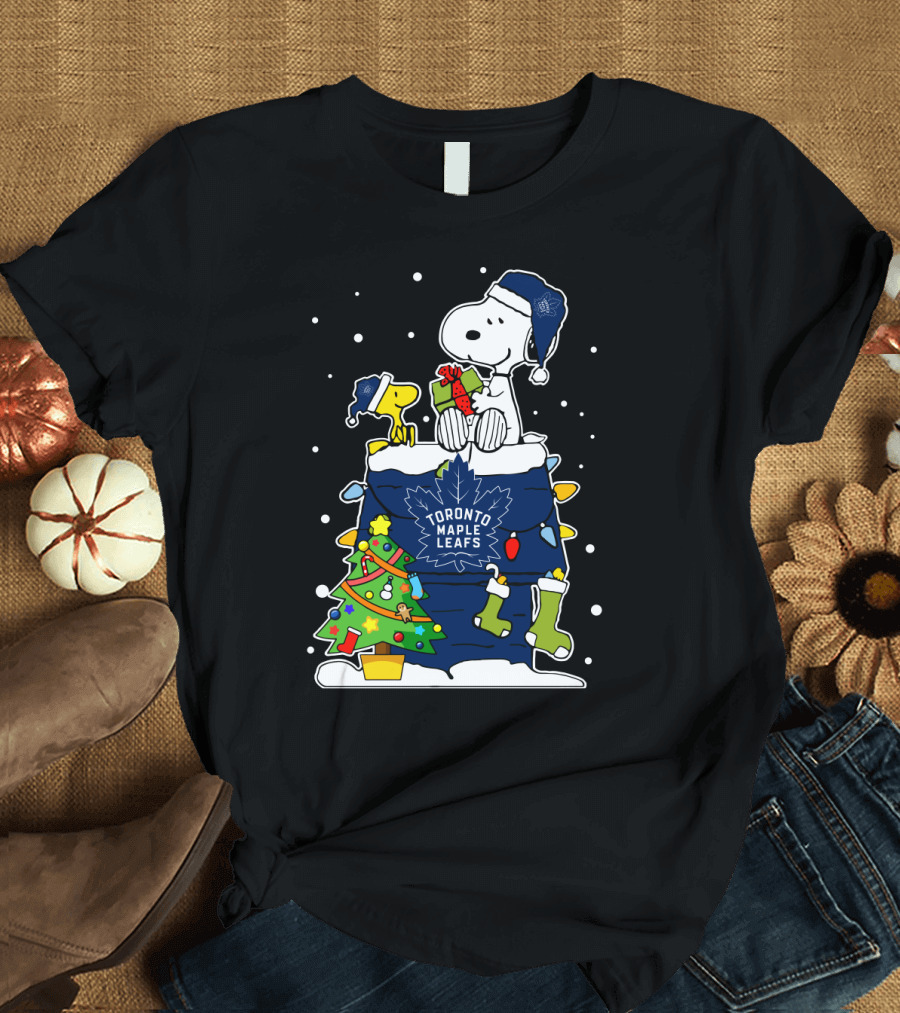 Toronto Maple Leafs Snoopy Christmas Theme with Woodstock and Holiday Tree Decorations T-Shirt