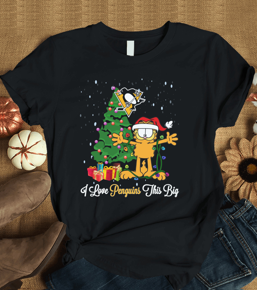 Santa Garfield with Christmas Tree and Pittsburgh Penguins Holiday T-Shirt