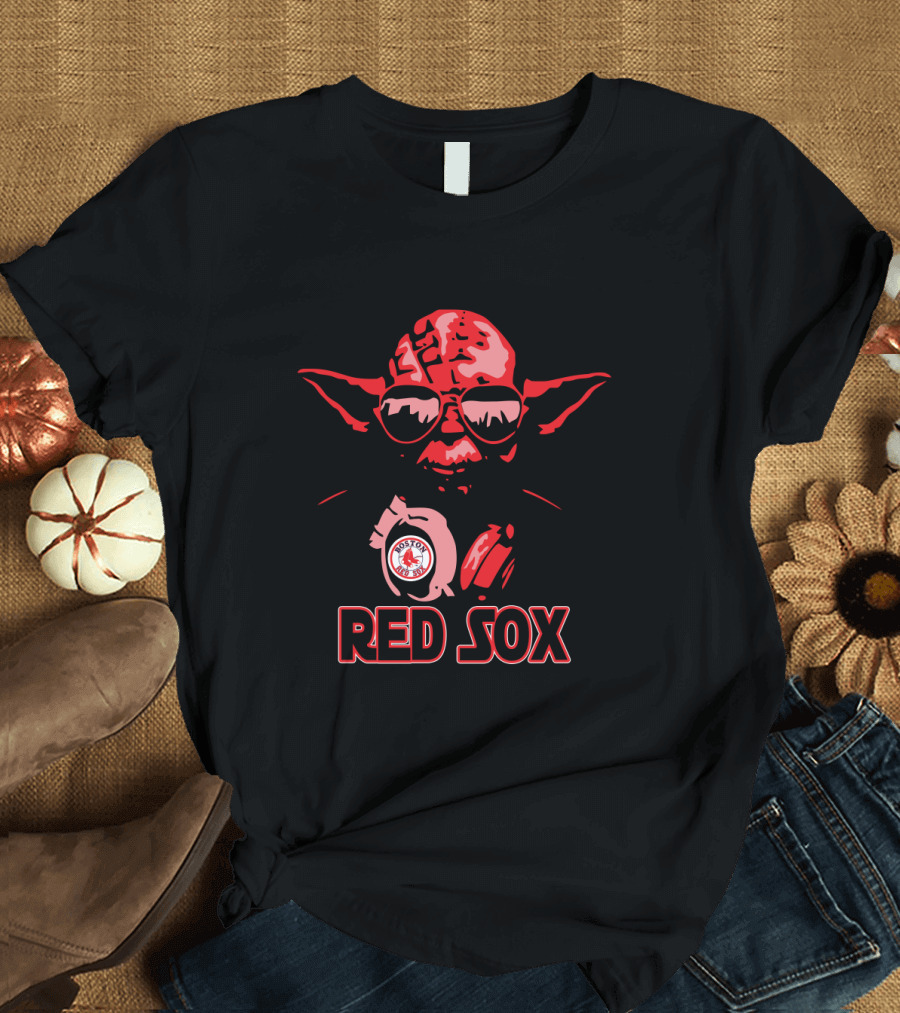 Yoda Wearing Red Sox Gear with Boston Red Sox Text and Star Wars Influence T-Shirt