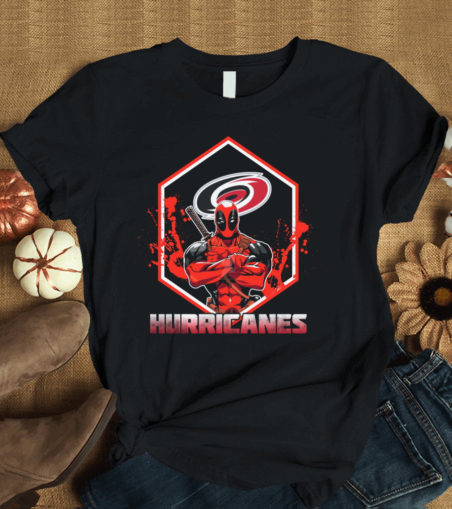 Deadpool Carolina Hurricanes Fan Mashup with Logo and Character T-Shirt