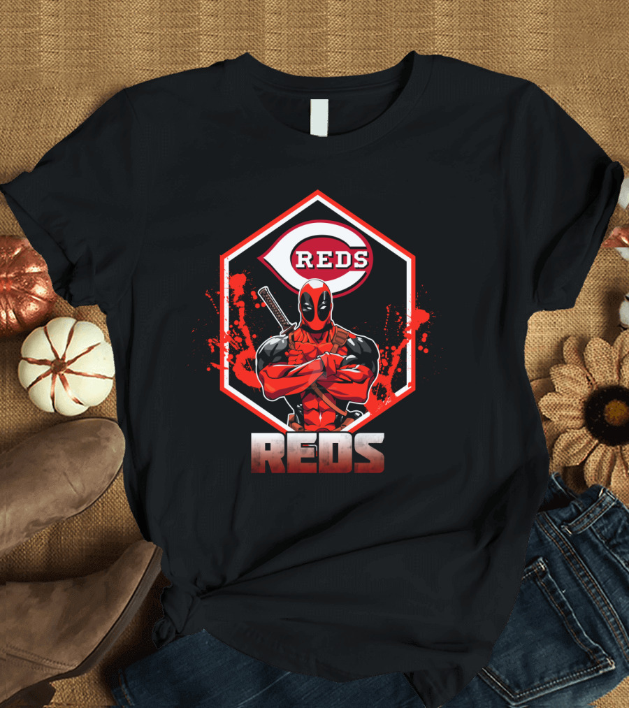 Deadpool with Cincinnati Reds Logo and Sword-Crossed Arms in Iconic Red and Black T-Shirt