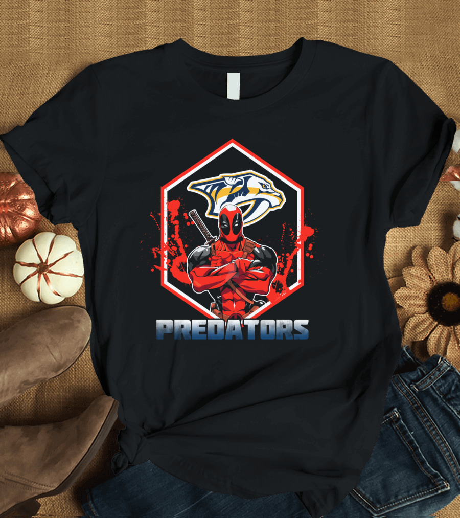 Deadpool Crossing Arms in Front of Nashville Predators Logo with Red Splatter Background T-Shirt