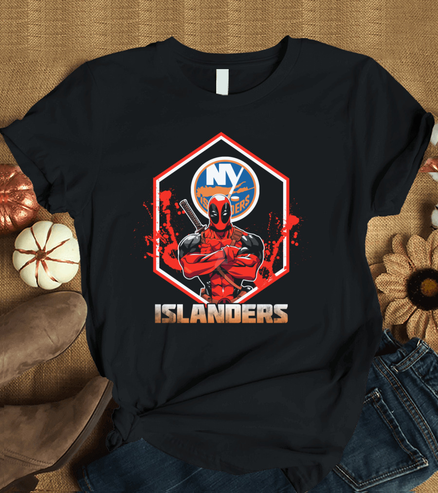 Deadpool NY Islanders Crossover Fan Art with Hockey and Comic Book Themes T-Shirt