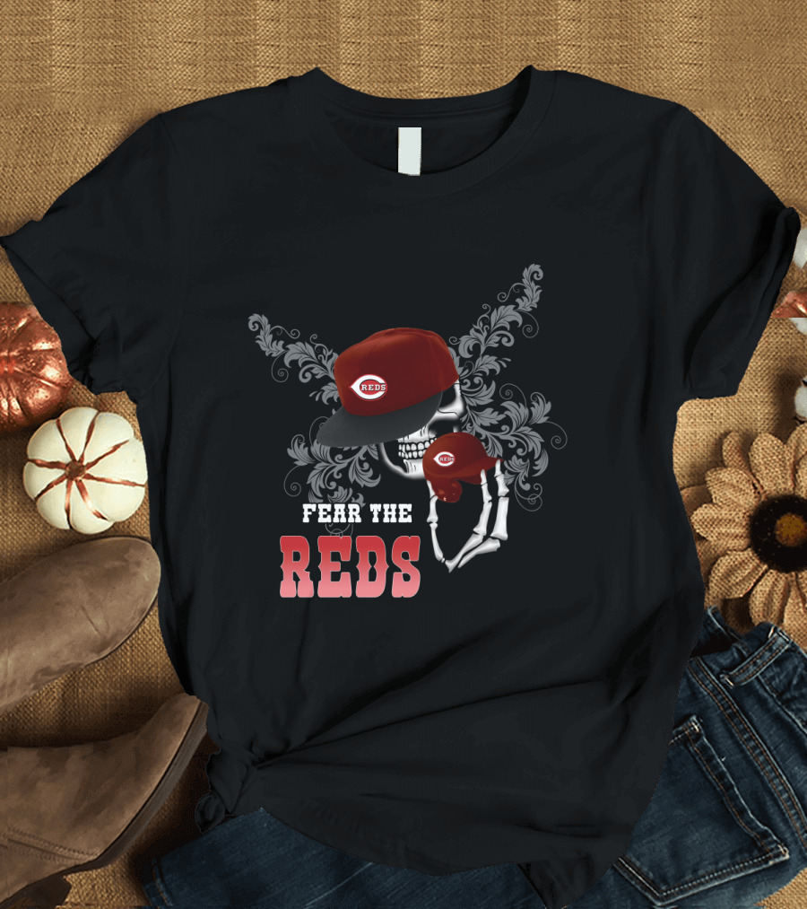 Fear The Cincinnati Reds Skull Skeleton with Red Cap and Floral T-Shirt