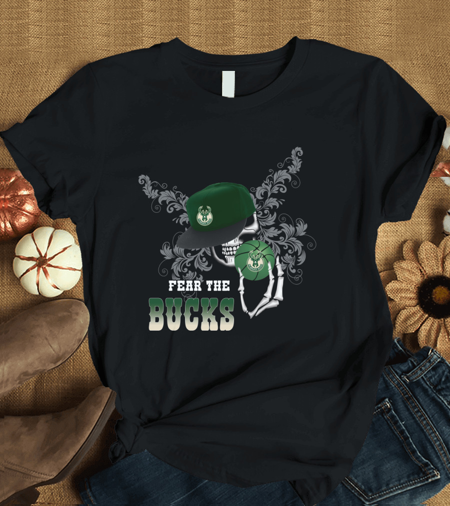 Fear The Bucks Skeleton Holding Basketball Milwaukee Bucks Fans T-Shirt