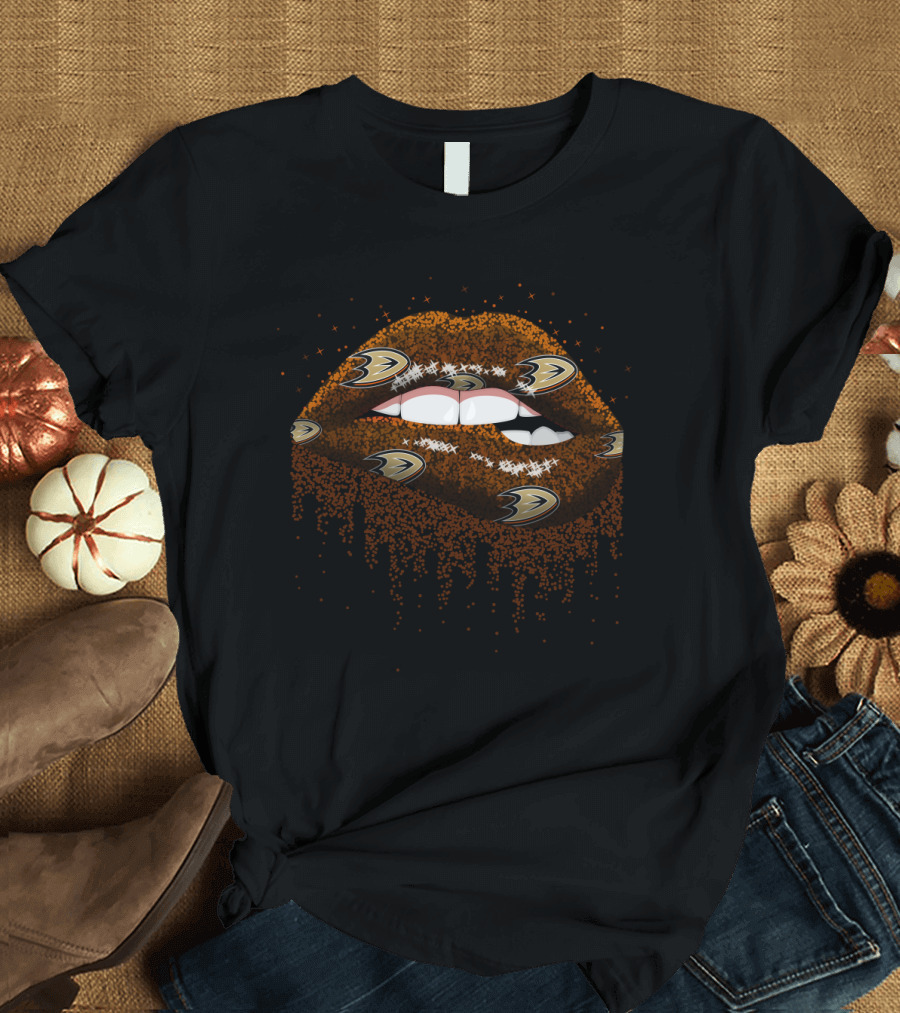 Anaheim Ducks Glitter Lips Fan Art with Team Logo Elements T-Shirt