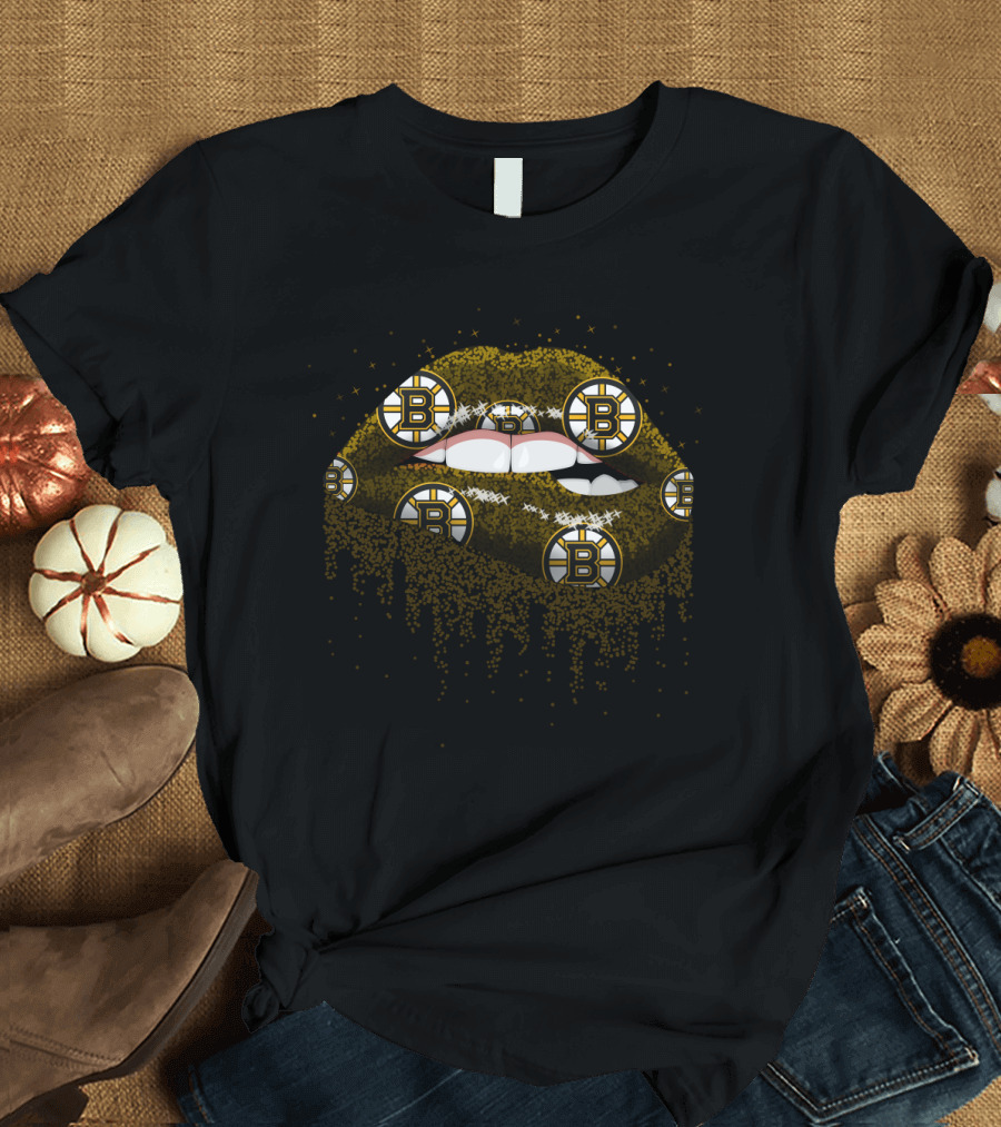Sparkling Glitter Lips Boston Bruins Fan Art with Team T-Shirt