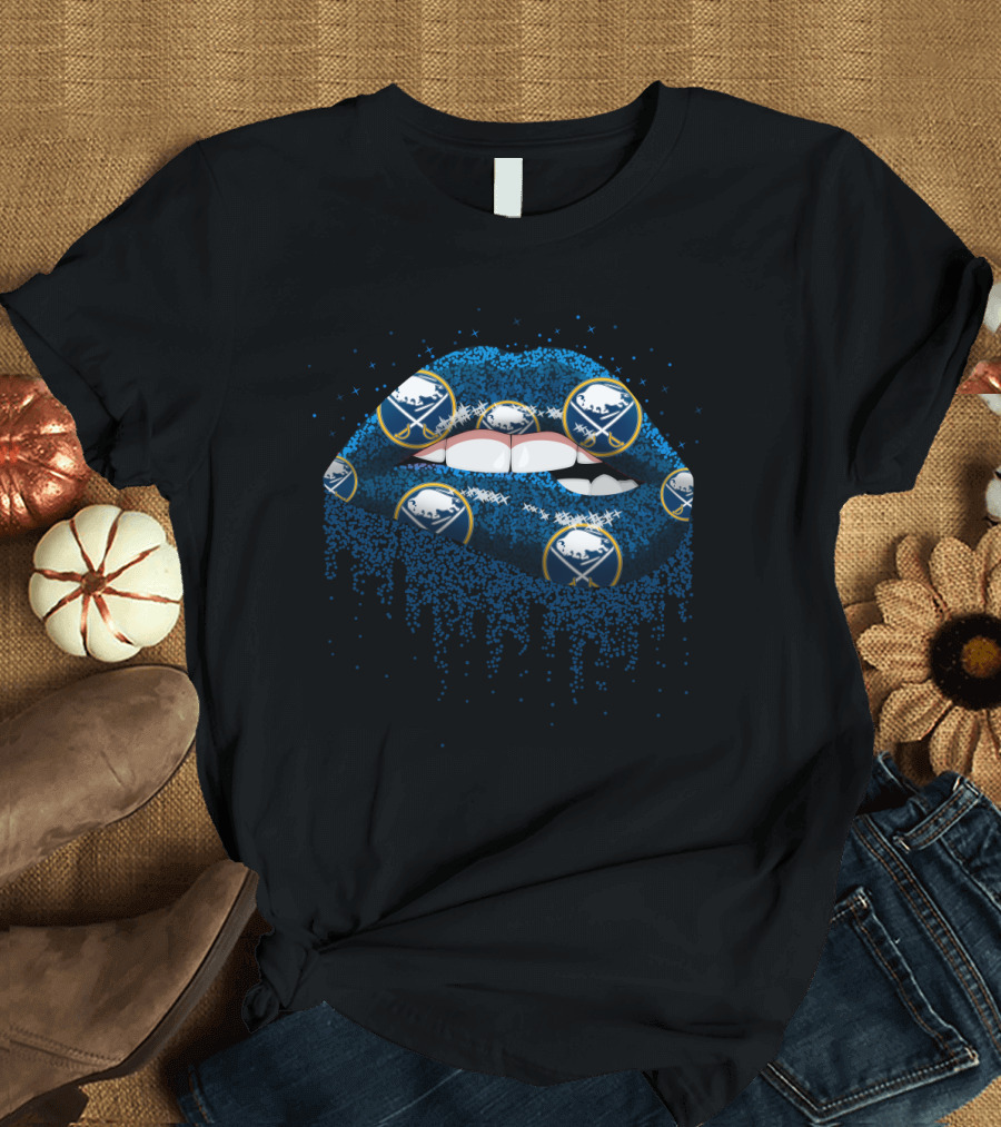 Buffalo Sabres Glitter Lips Fan Art with Team Logo T-Shirt