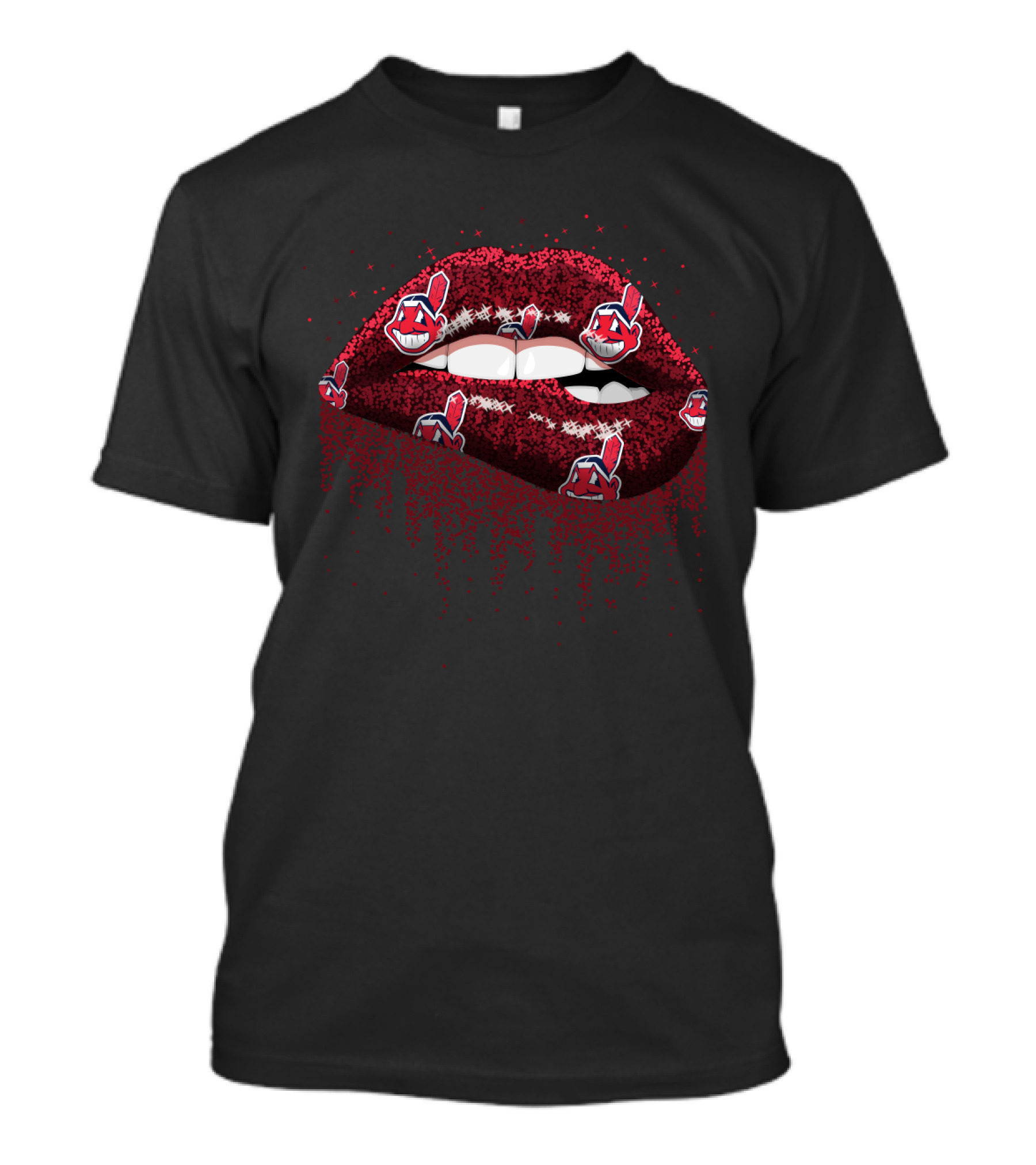 Red Glitter Lips With Cleveland Indians Logos For Fans T-Shirt