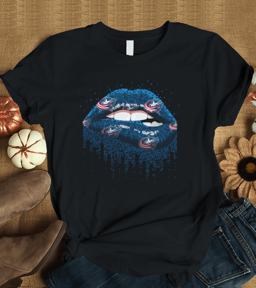 Columbus Blue Jackets Glitter Lips Fan Art with Team T-Shirt