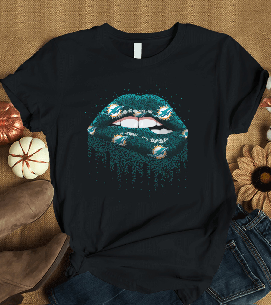 Glitter Patterned Lips With Miami Dolphins Logo For Fans T-Shirt