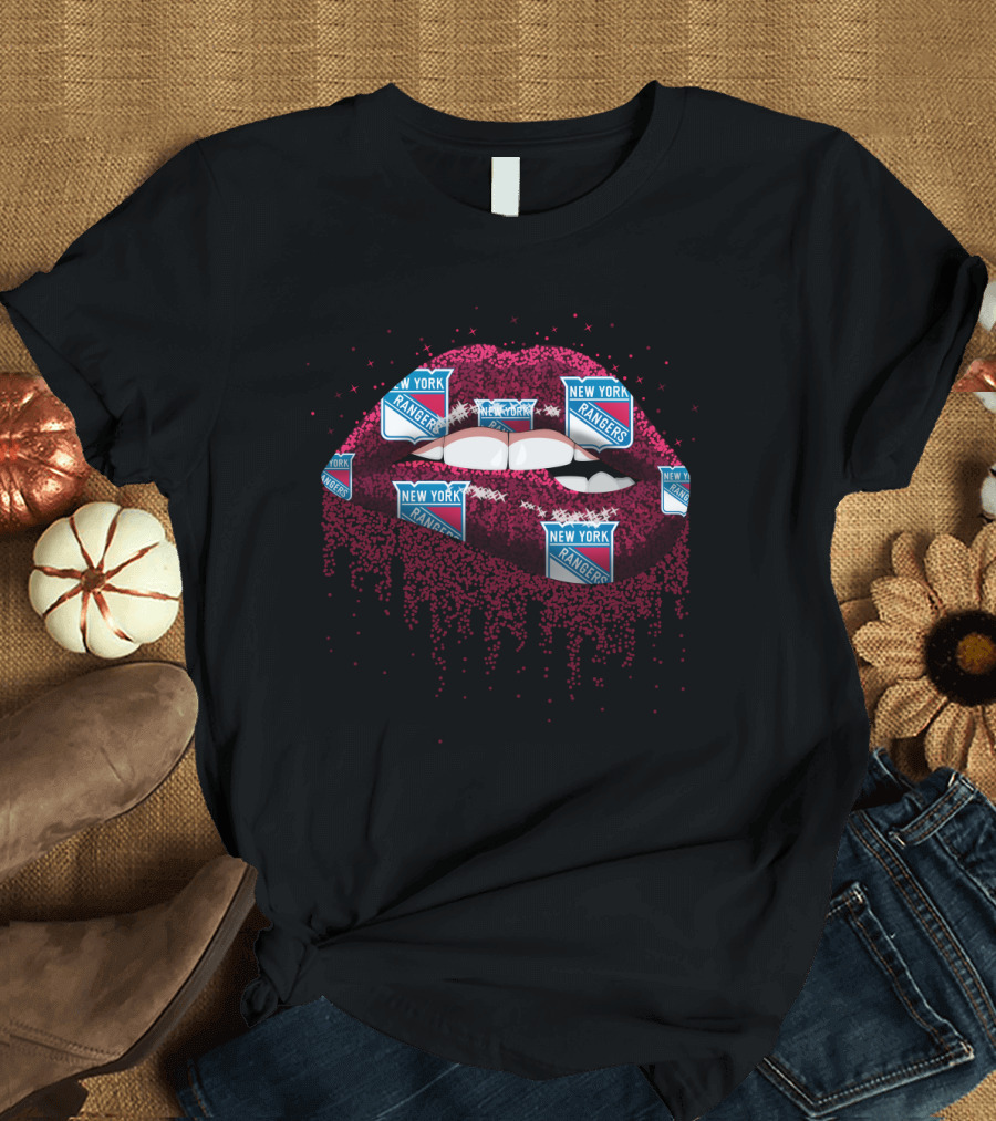 New York Rangers Glitter Lips Sparkle NHL Logo Fan T-Shirt