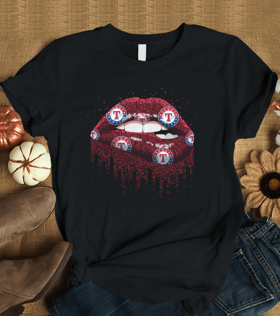 Texas Rangers Glitter Lips Fan Art with Logo T-Shirt