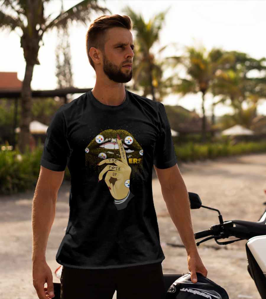 Shut Up Lip With Pittsburgh Steelers Logo And Hand Gesture T-Shirt