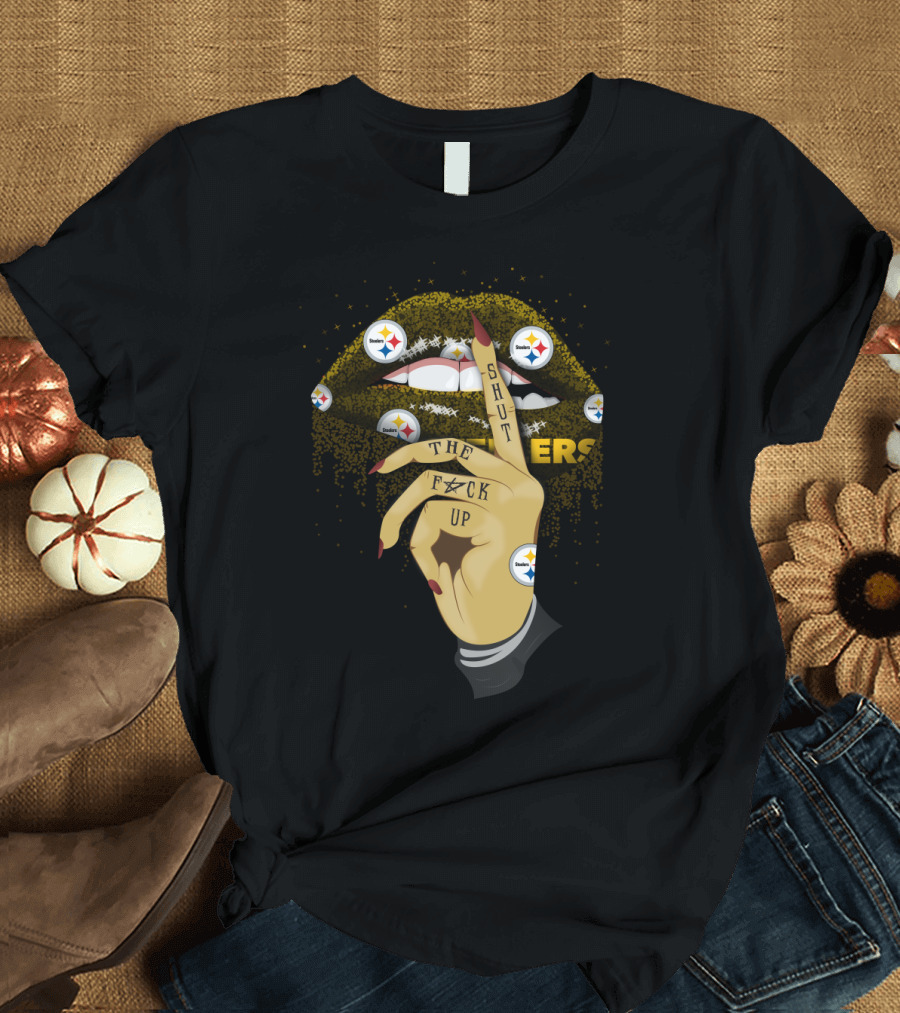 Shut Up Lip With Pittsburgh Steelers Logo And Hand Gesture T-Shirt