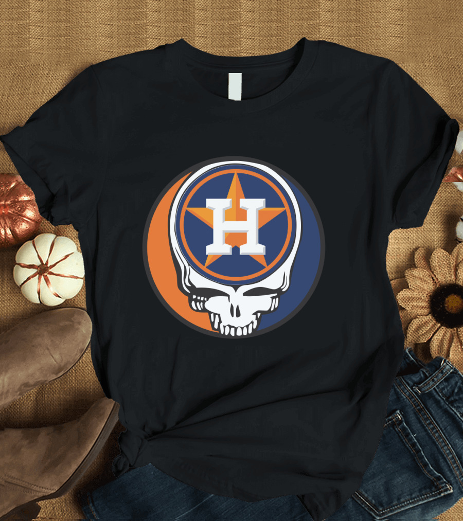 Grateful Dead Skull with Houston Astros Logo and Star in Orange and Blue T-Shirt