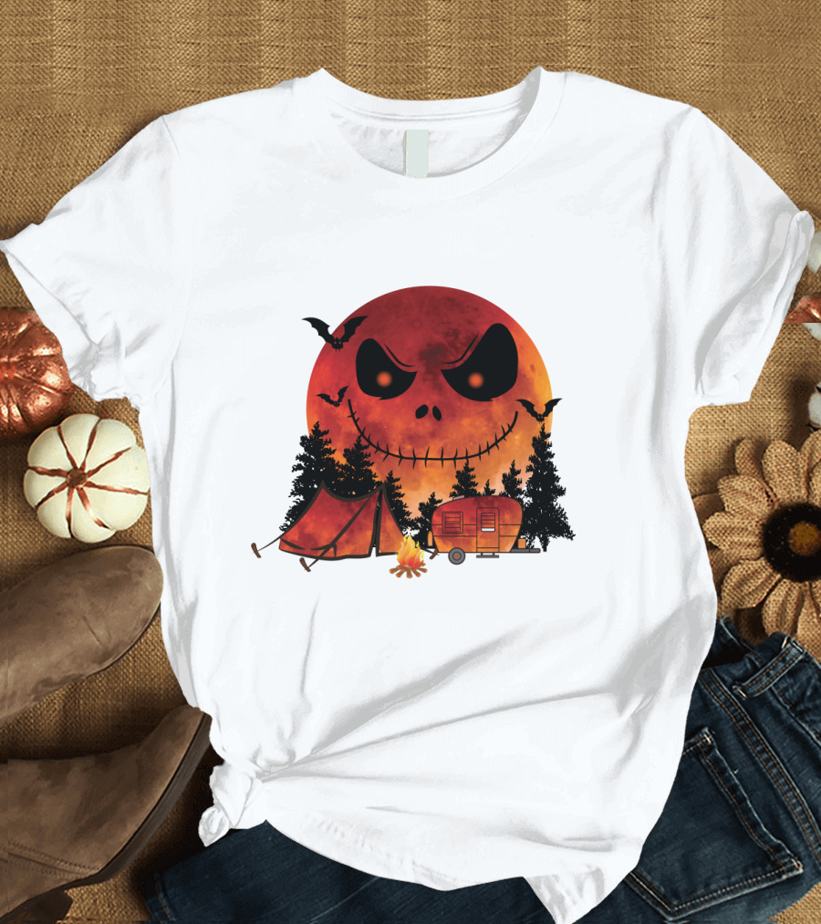 Jack Skellington Halloween Camping Under Blood Moon with Tent and Camper T-Shirt
