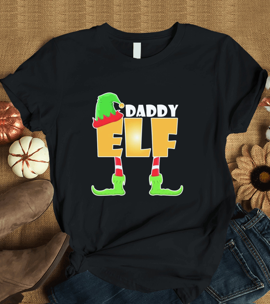 Daddy Elf Christmas Holiday Design with Green Hat and Striped Socks T-Shirt