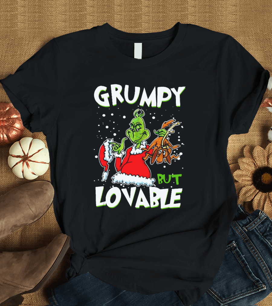Grumpy But Lovable Grinch in Santa Suit Holding Max Illustrated T-Shirt