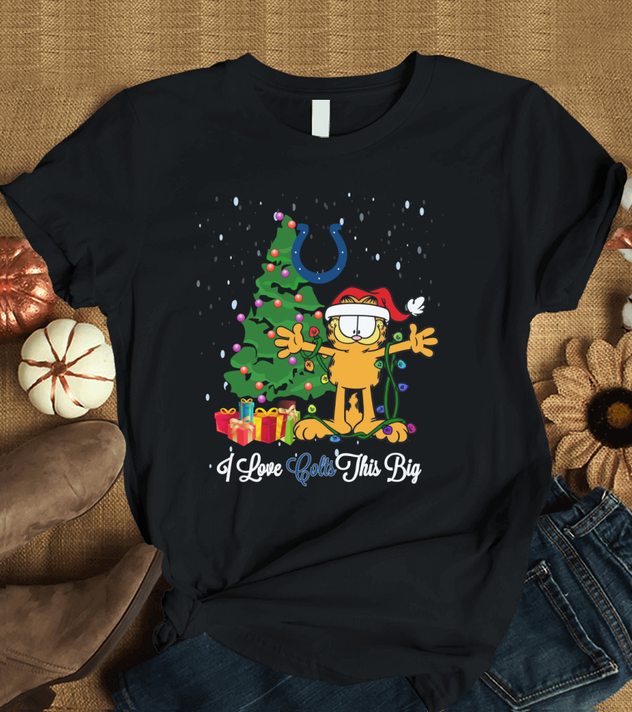 I Love Colts This Big Christmas Garfield Santa Hat Holiday Tree T-Shirt