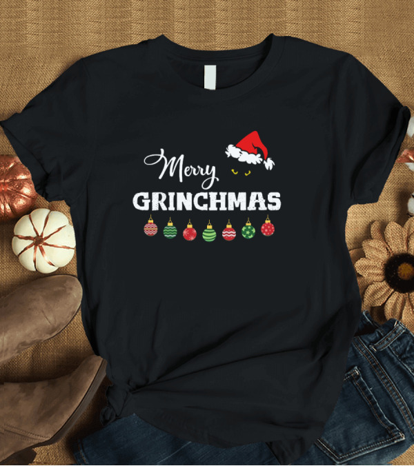 T-Shirt: Merry Grinchmas Black Santa Hat Garland T-Shirt Merry Grinchmas Black Santa Hat Garland T-Shirt