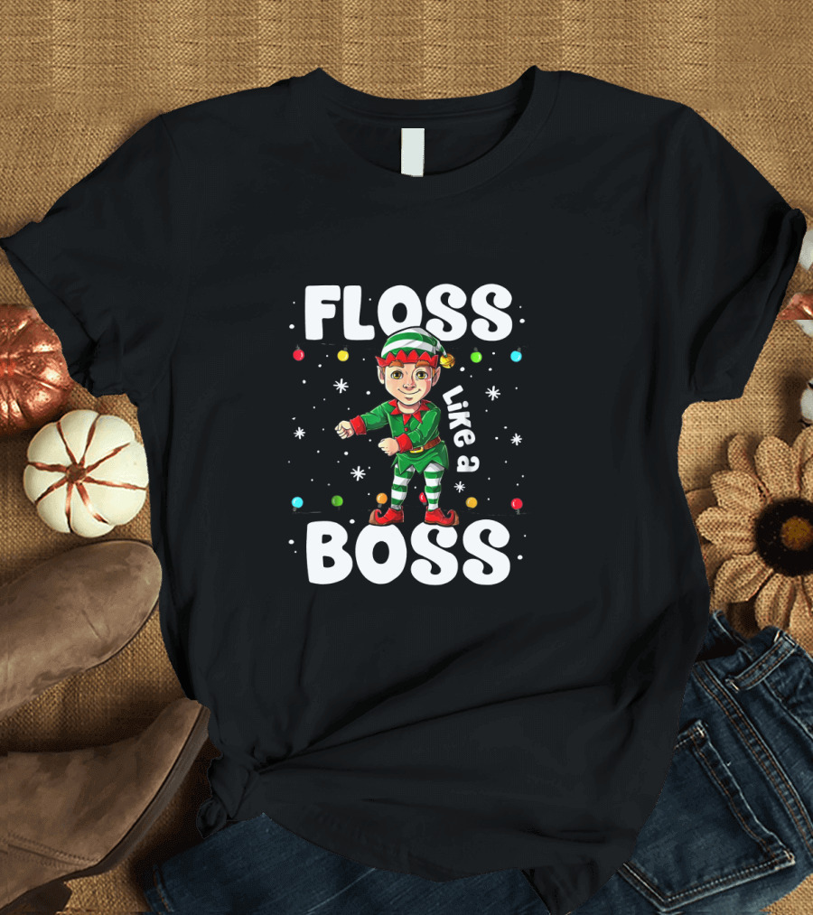 Floss Like a Boss Elf Dance Holiday Lights Snowflakes T-Shirt