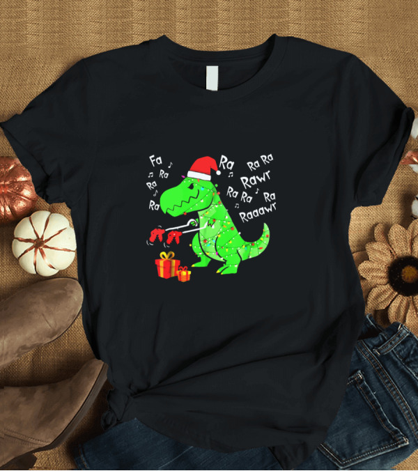 T-Shirt: Santa Hat Dinosaur with Christmas Lights and Presents Singing Fa Ra Ra Ra Rawr Raaawr Tree Rex T-Shirt Santa Hat Dinosaur with Christmas Lights and Presents Singing Fa Ra Ra Ra Rawr Raaawr Tree Rex T-Shirt