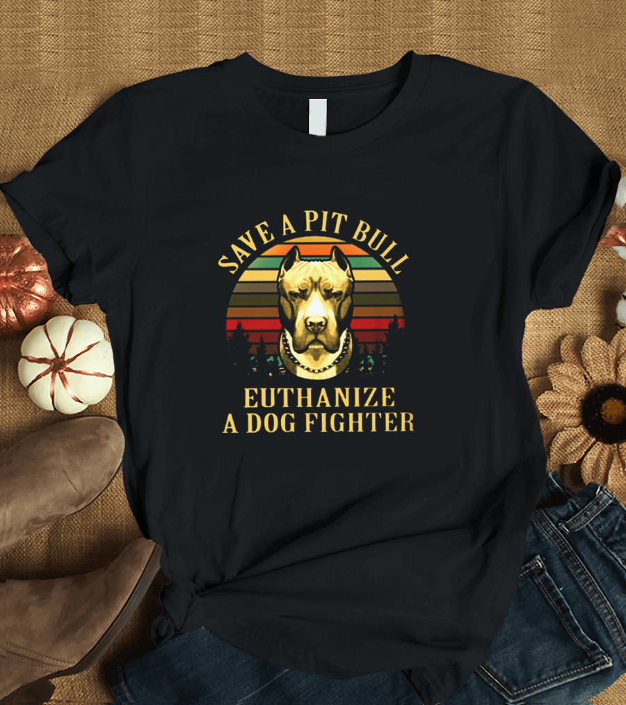 Save A Pitbull Euthanize A Dog Fighter Support Animal Rights Striped Sunset Background T-Shirt