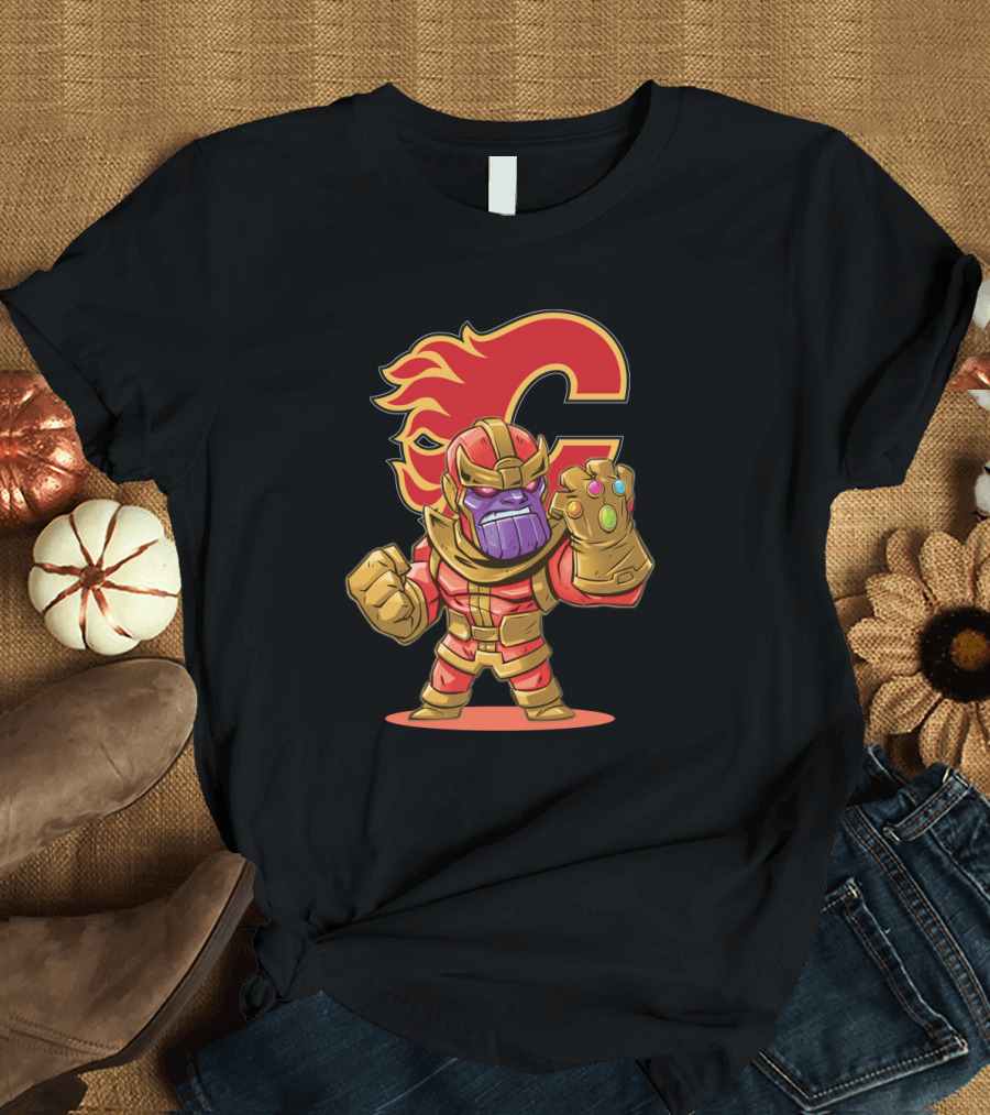 Thanos in Calgary Flames Colors with Team Logo Background T-Shirt