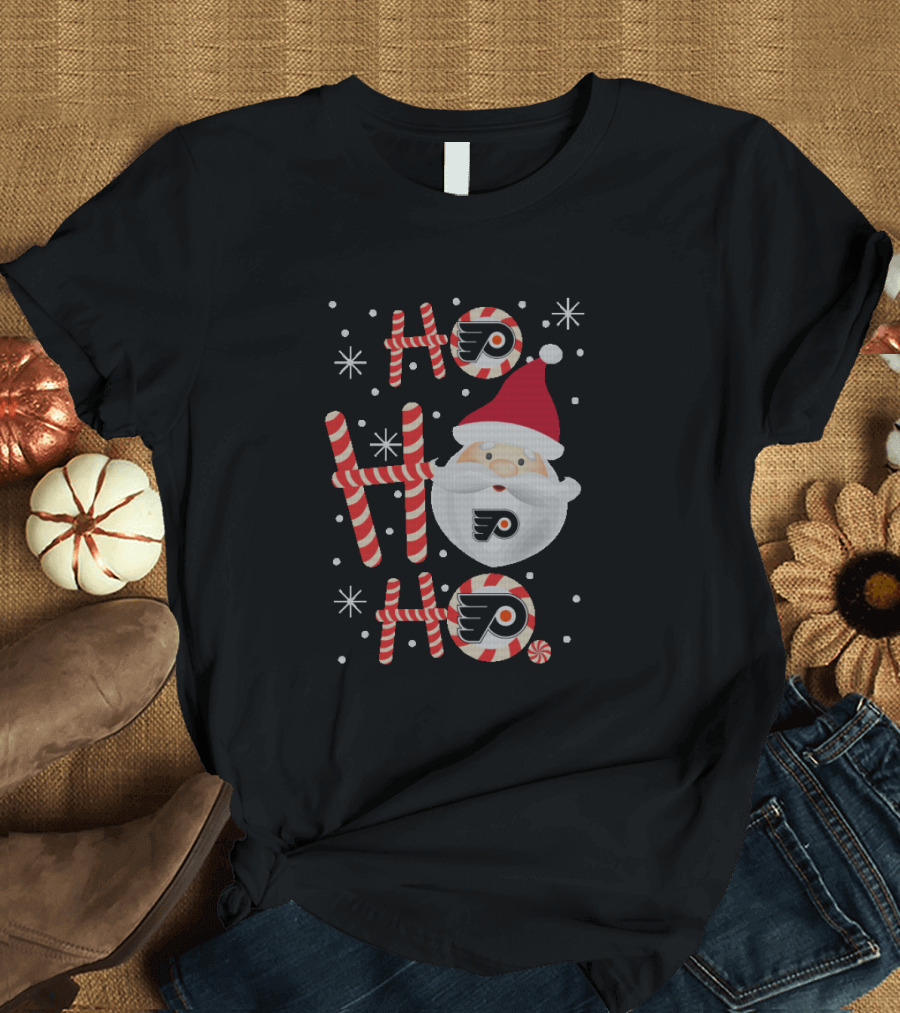 Philadelphia Flyers Ho Ho Ho Xmas Santa Candy Cane Snowflakes T-Shirt