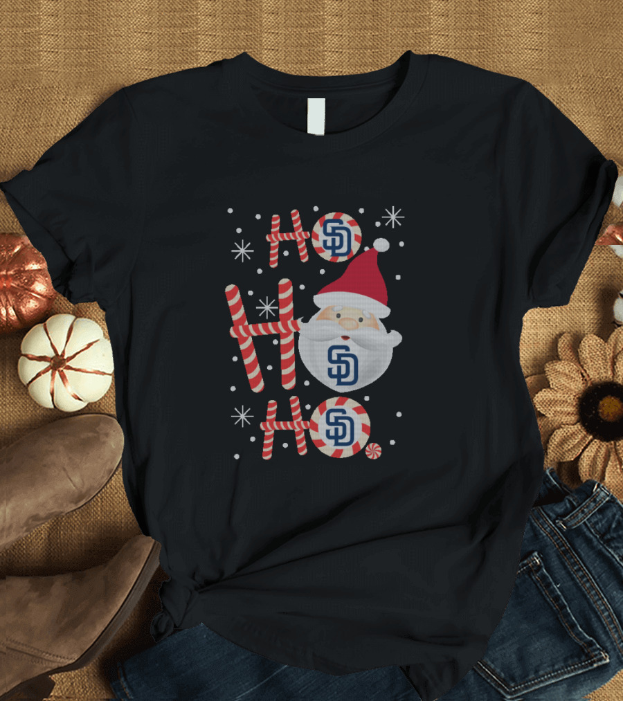 Ho Ho Ho Christmas San Diego Padres Santa Candy Cane Snowflakes T-Shirt